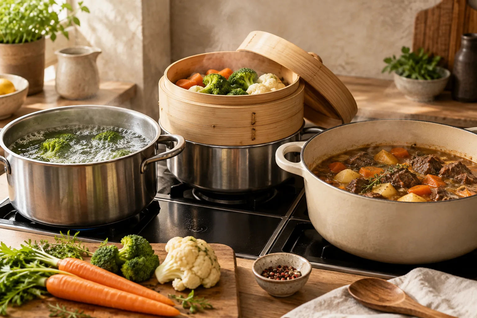 Wasser in der Küche: Kochen, Dämpfen oder Schmoren?