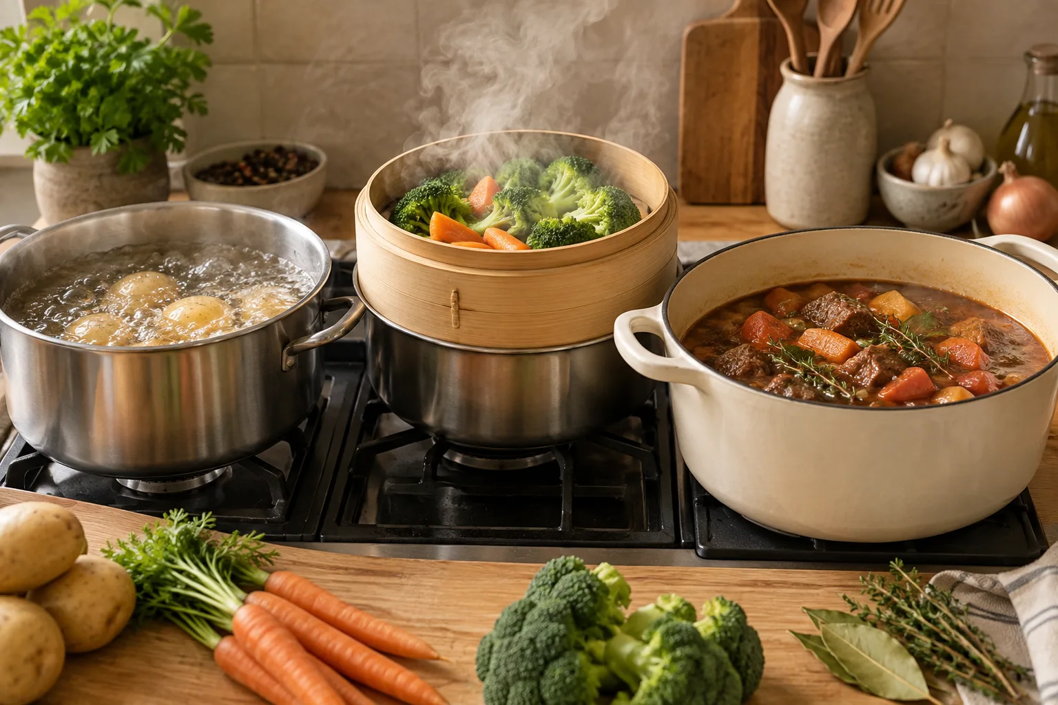 Praktisch mit Wasser kochen: wann sieden, dämpfen oder schmoren?