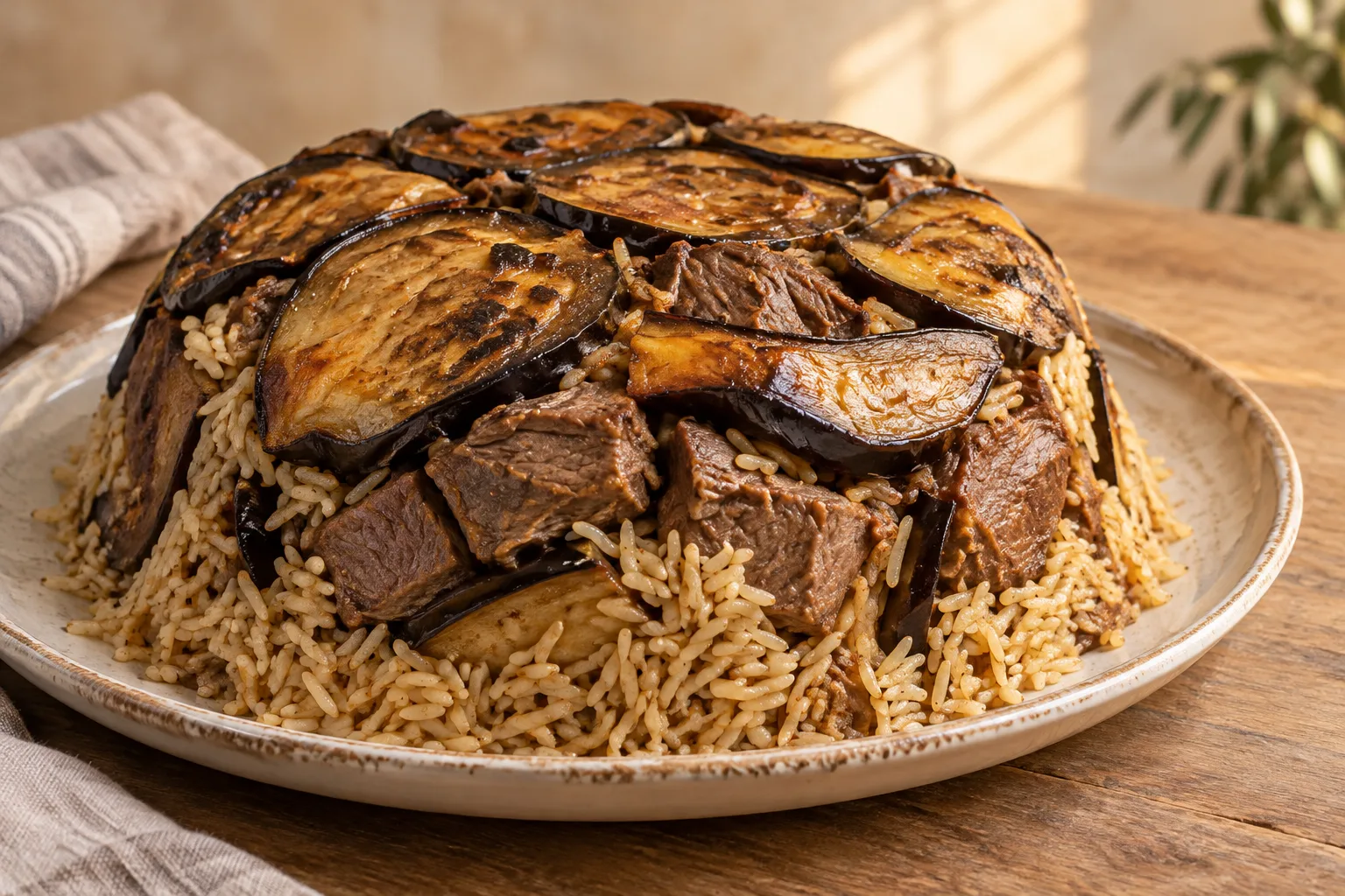 Maqluba giordana con agnello e melanzane