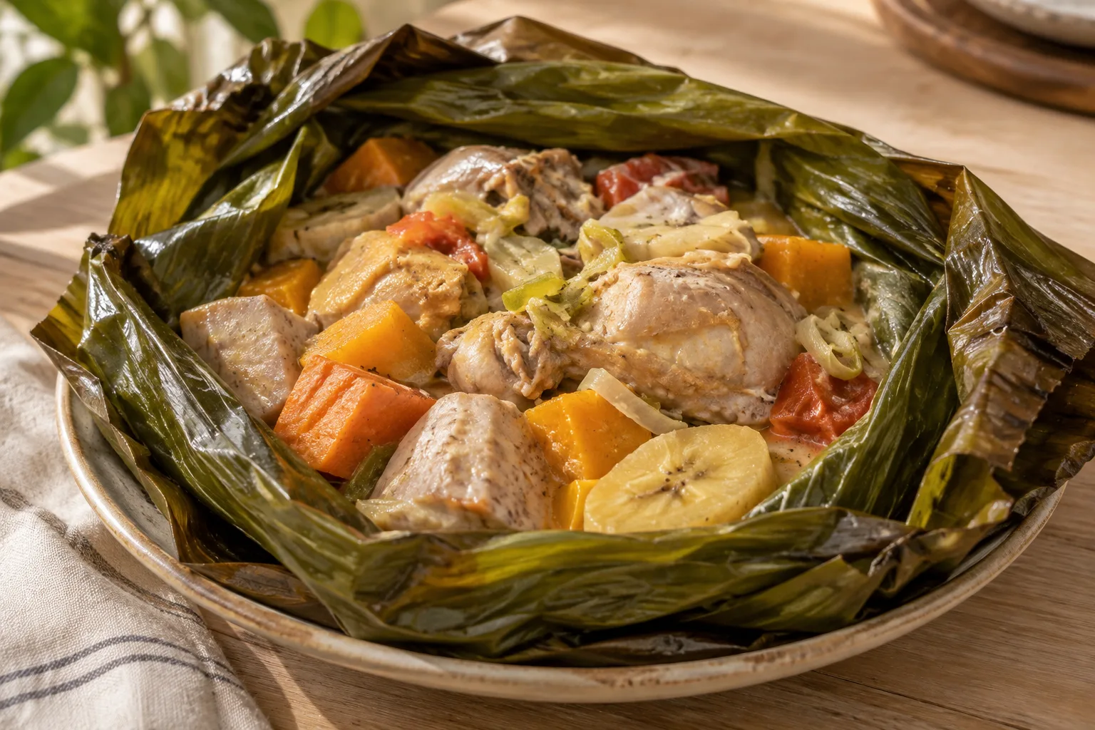 Bougna kanak de pollo en hojas de plátano