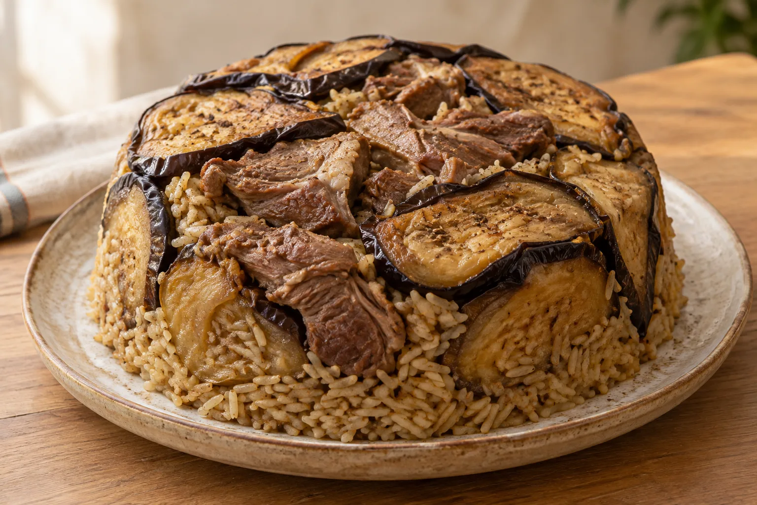 Maqluba giordana con agnello e melanzane