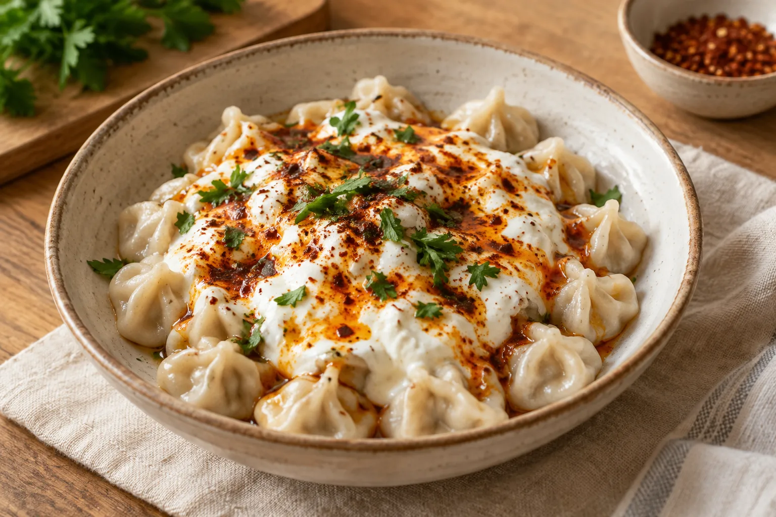 Manti turchi di manzo con yogurt e burro alla paprika