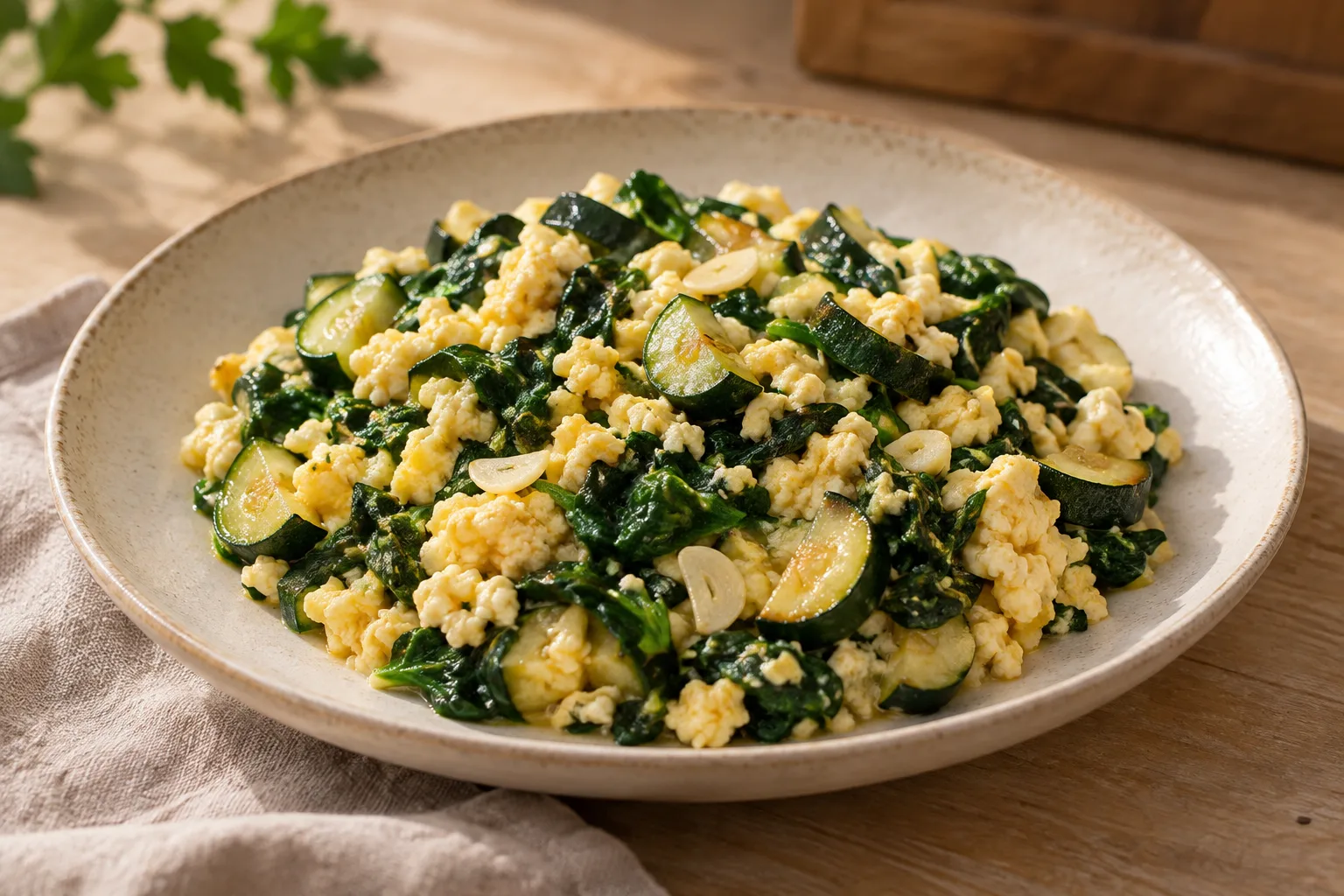 Zucchini and spinach scrambled eggs