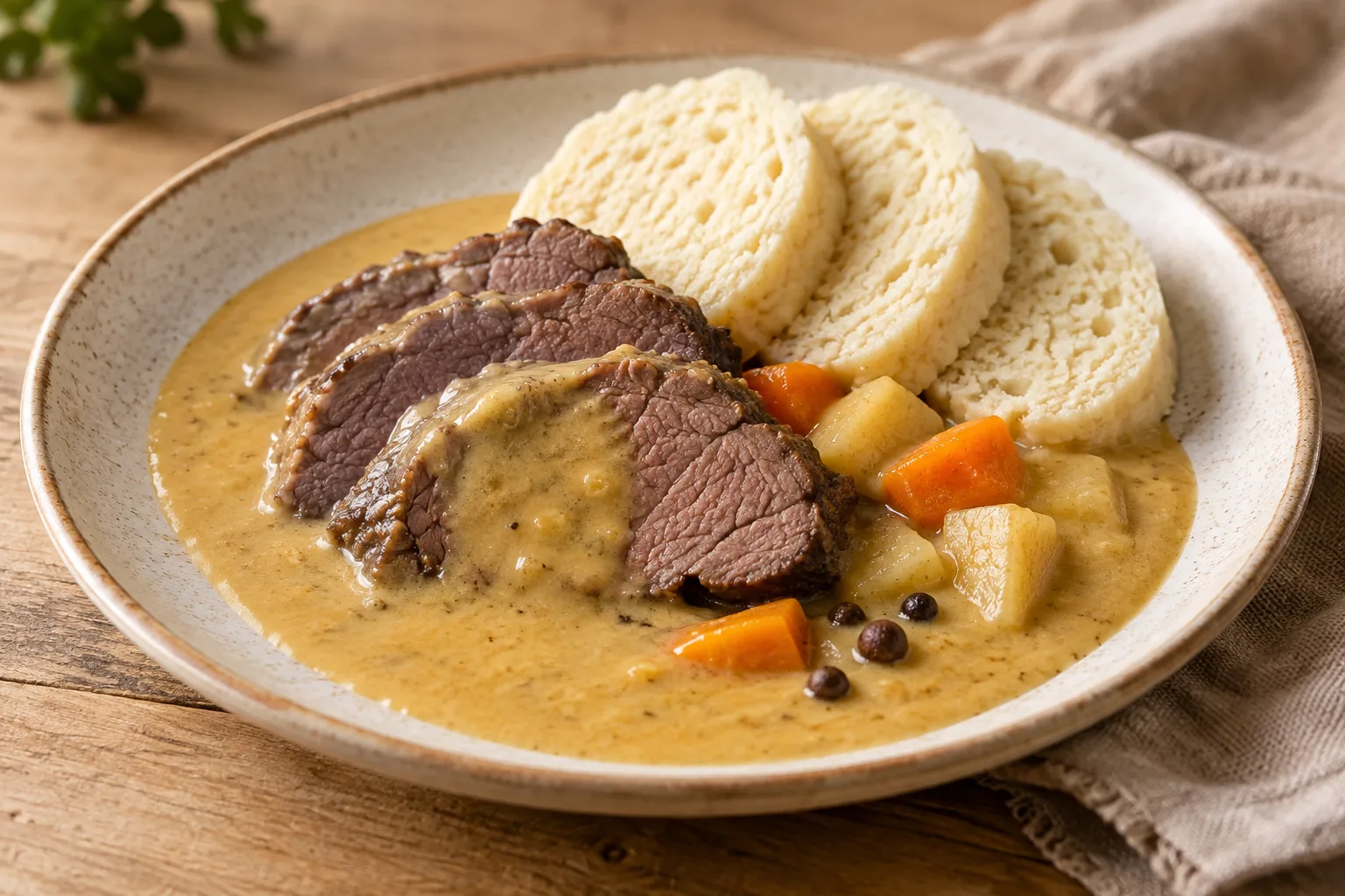 Svíčková: carne de res con salsa cremosa de verduras