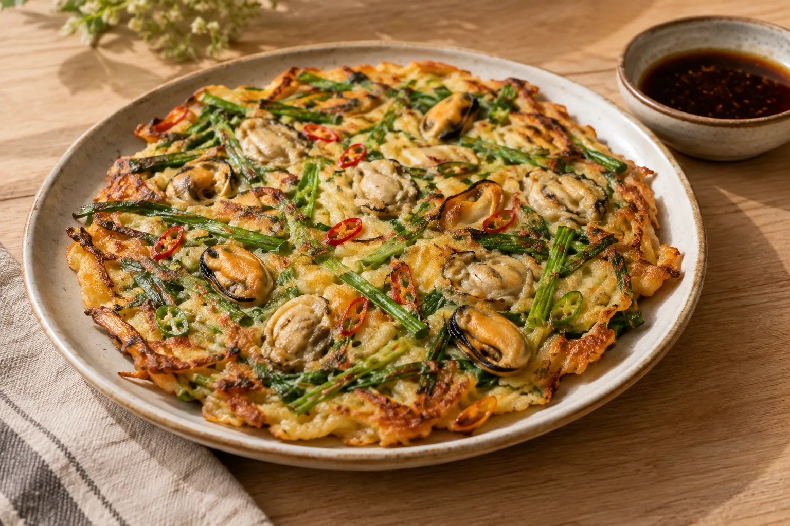 Korean haemul pajeon with seafood and scallions