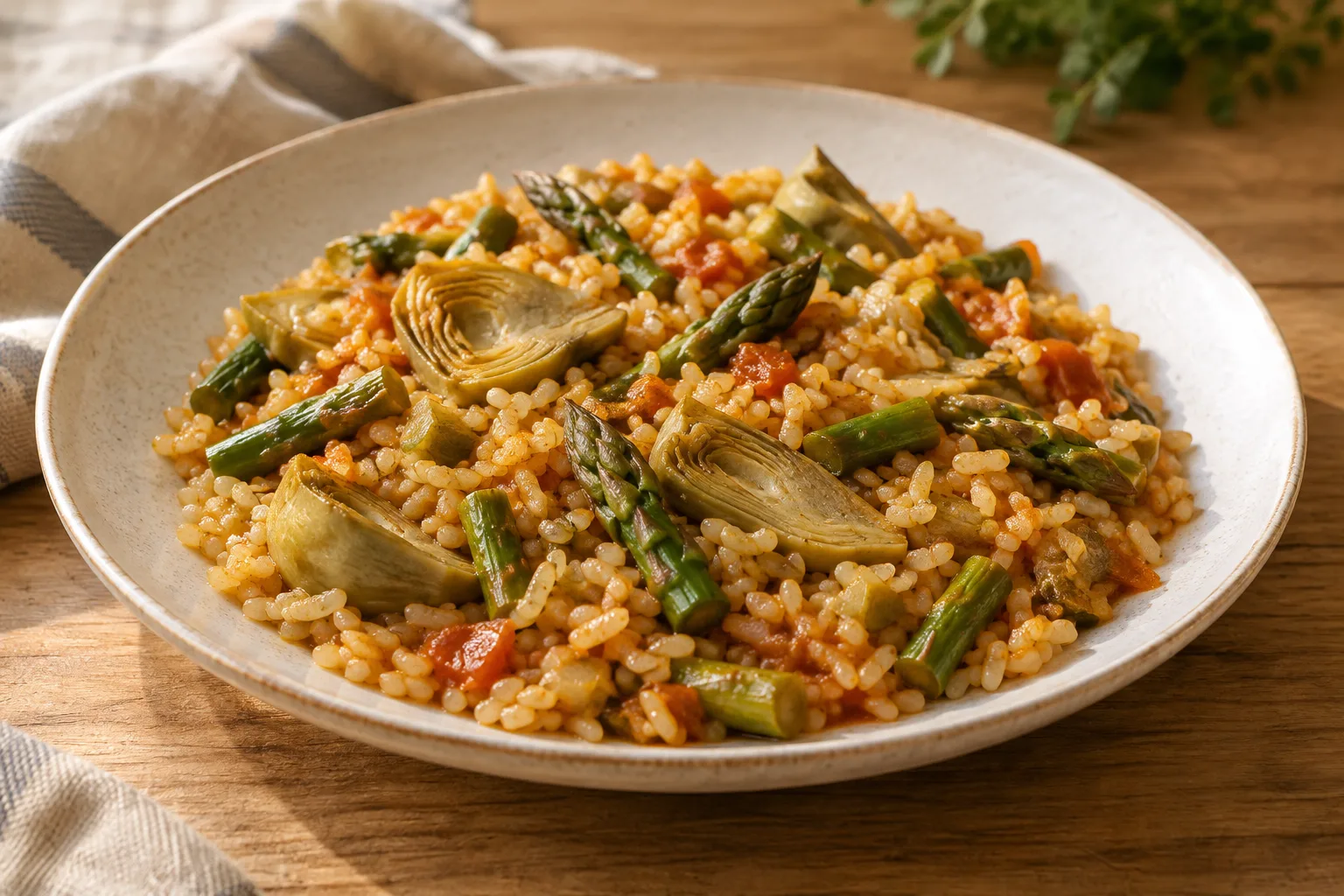 Dry Rice with Asparagus and Artichokes
