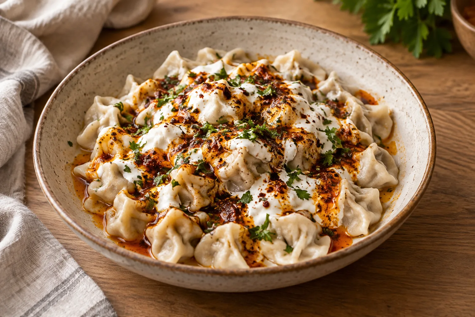 Manti turchi di manzo con yogurt e burro alla paprika