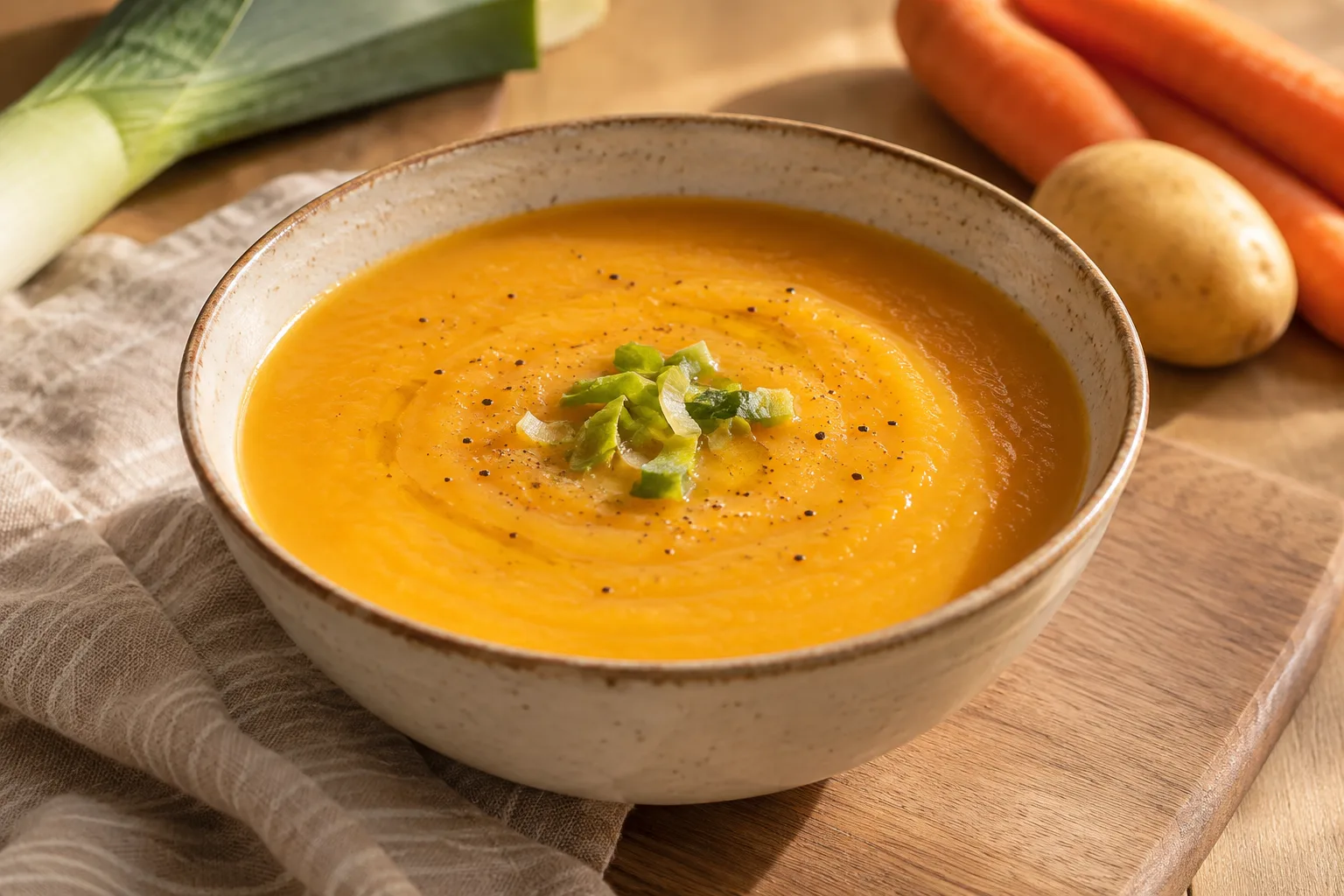 Zuppa delicata di carote e porri