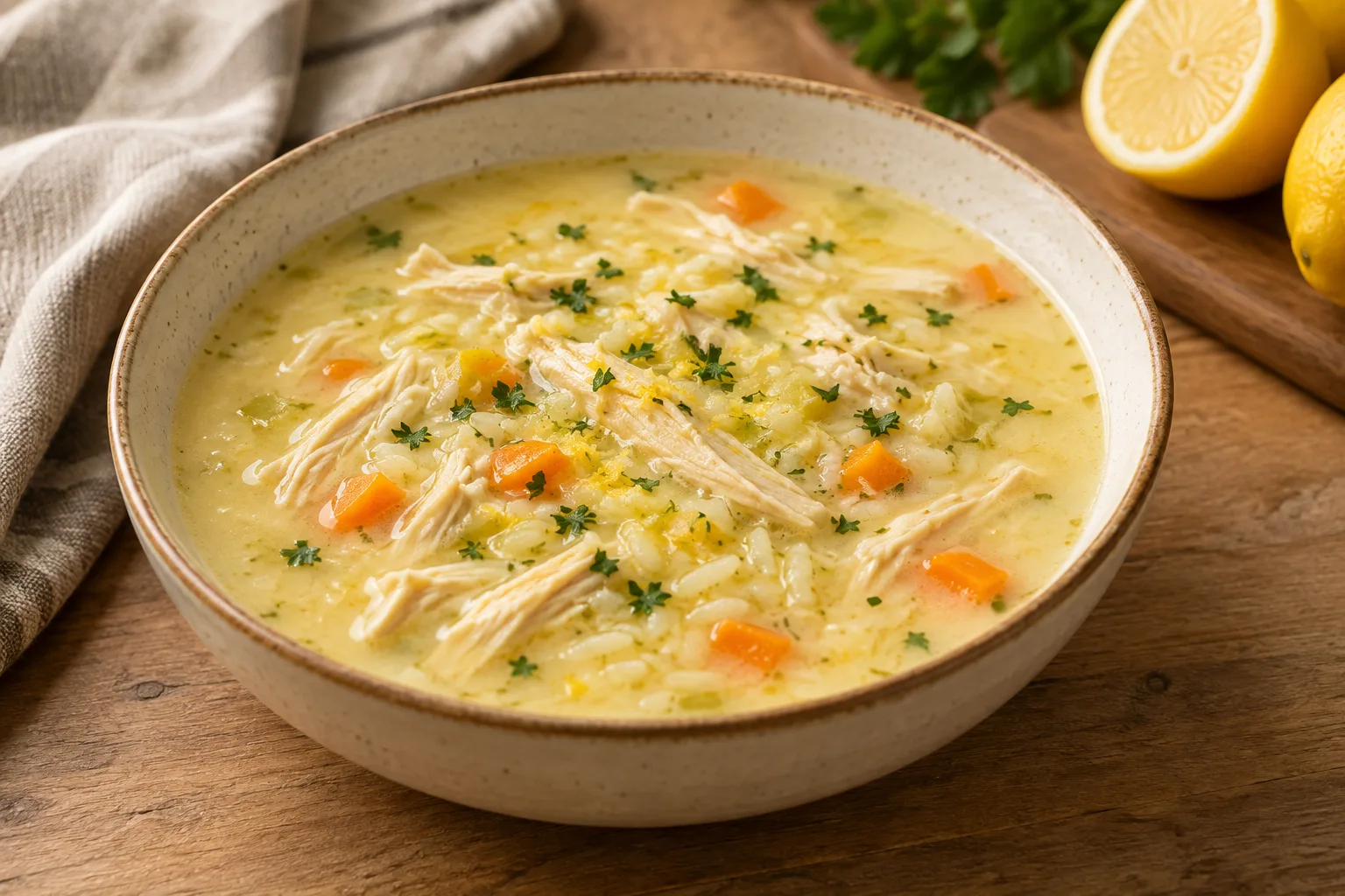 Zuppa greca avgolemono con pollo, riso e limone