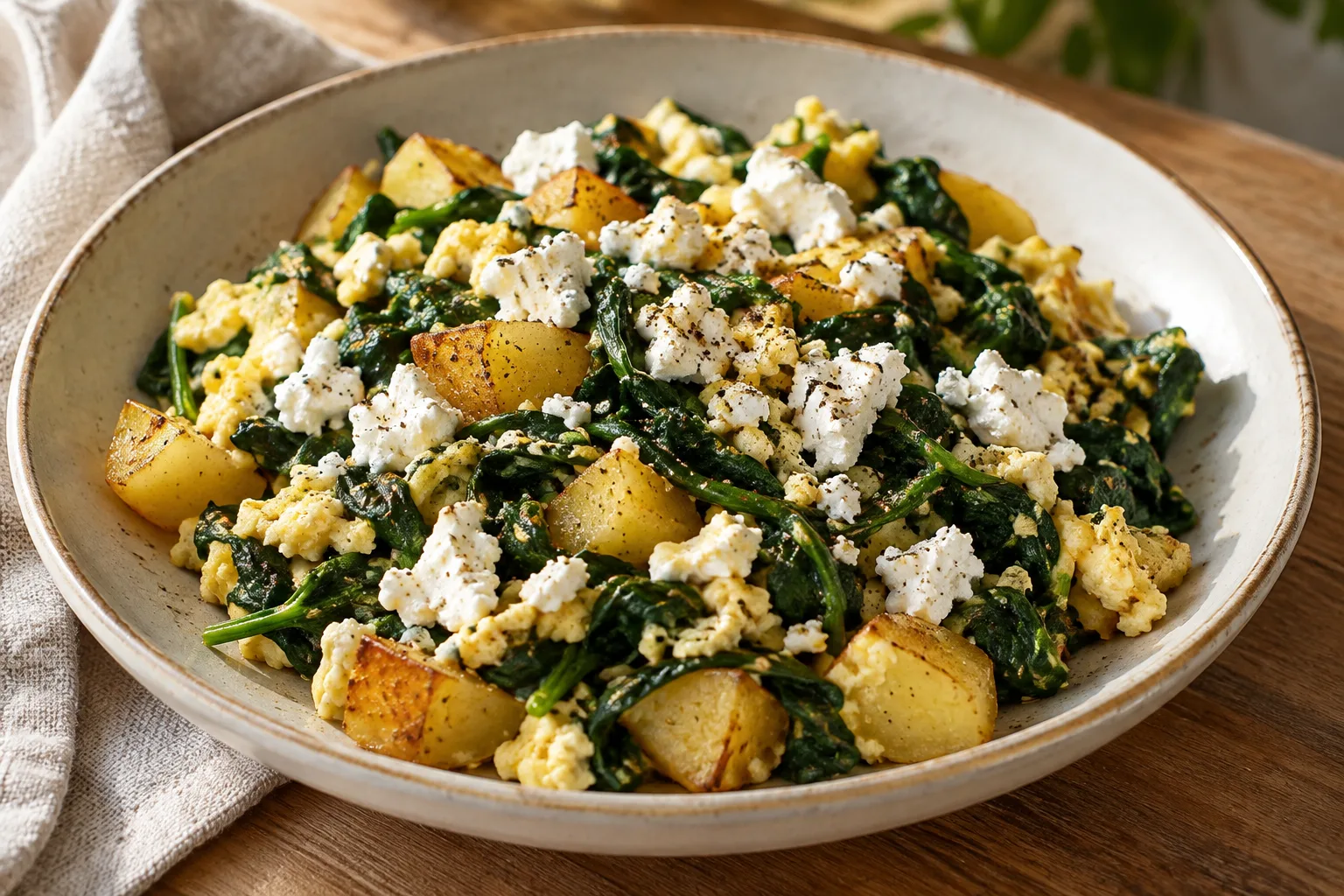Uova strapazzate con patate e spinaci