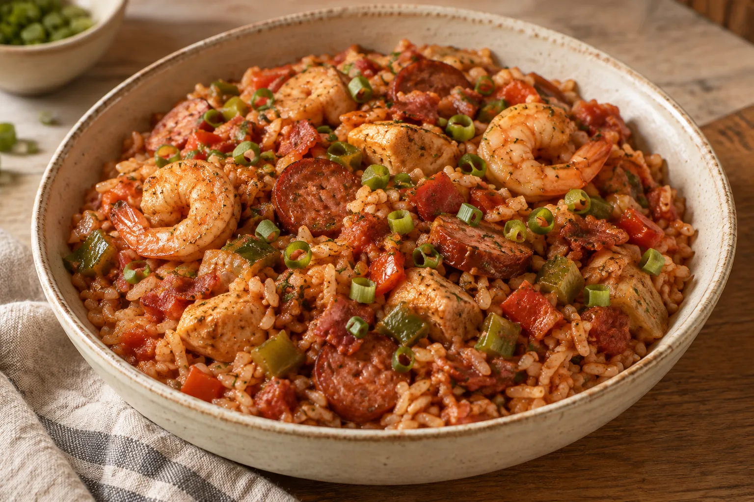Jambalaya creola della Louisiana con pollo, salsiccia affumicata e gamberi