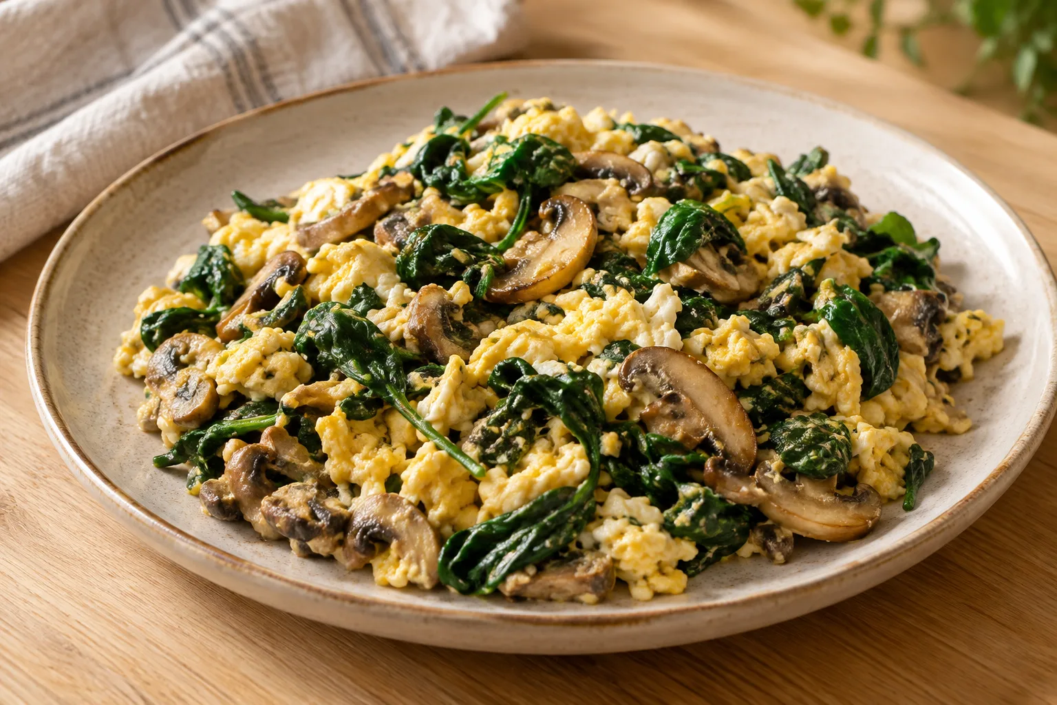Uova strapazzate con funghi e spinaci
