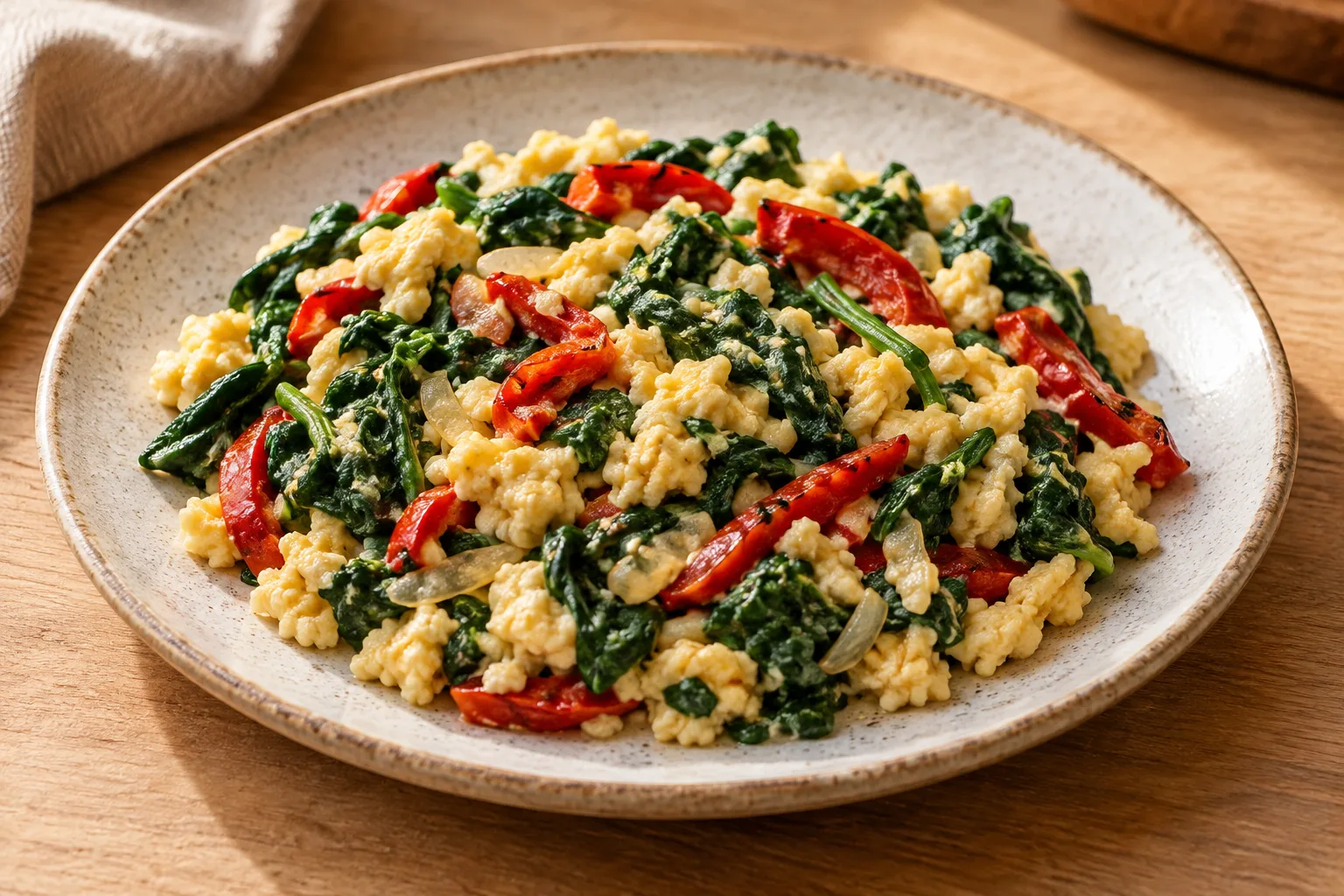 Uova strapazzate con peperoni del piquillo e spinaci