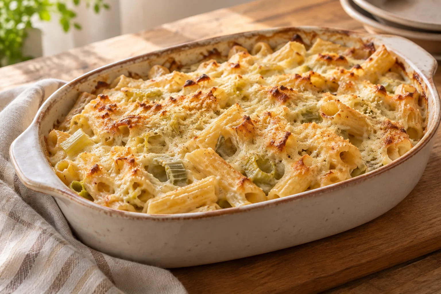 Baked pasta with leek and ricotta