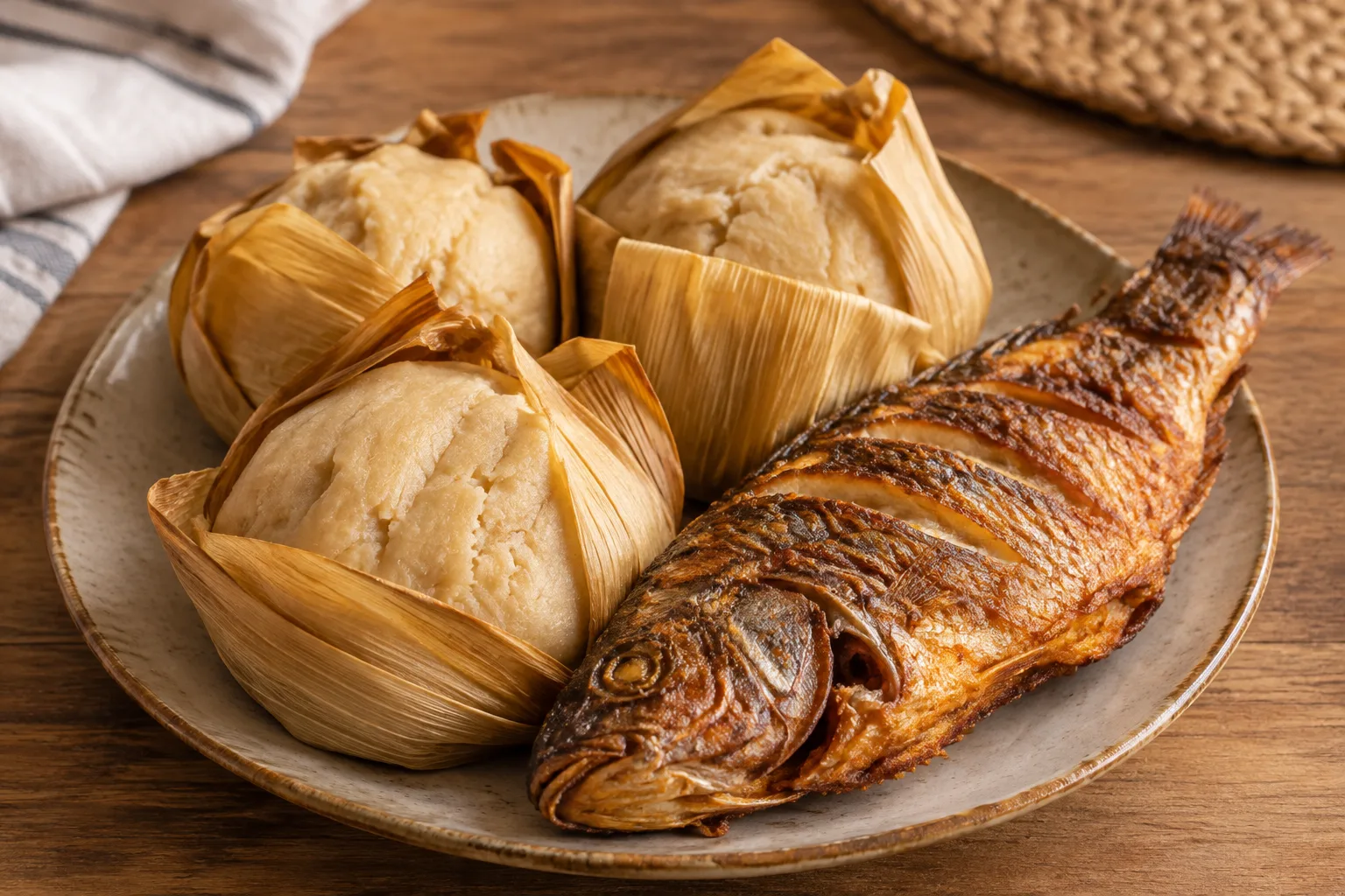 Kenkey ghanese con pesce fritto