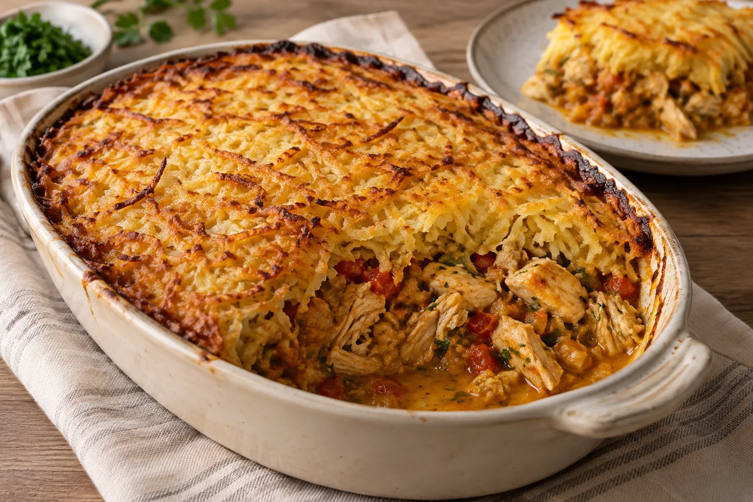 Pom surinamés de pollo con cubierta de patata