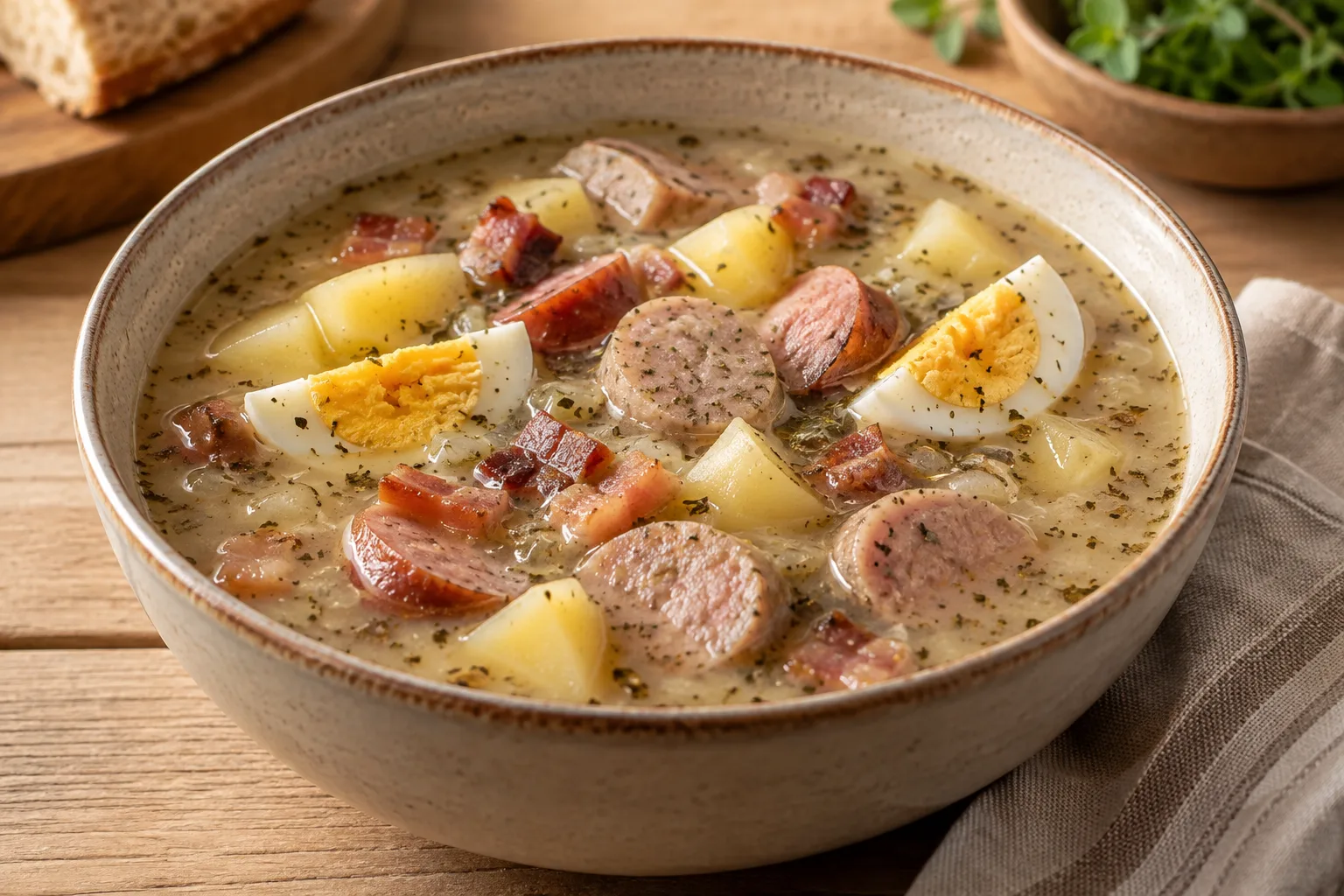 Żurek polaco con salchicha blanca, panceta y patatas