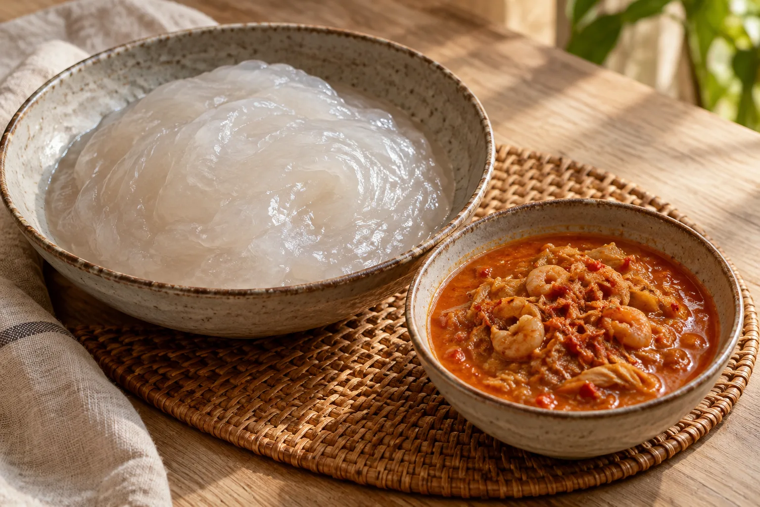 Ambuyat con salsa cacah de gambas y durian fermentado