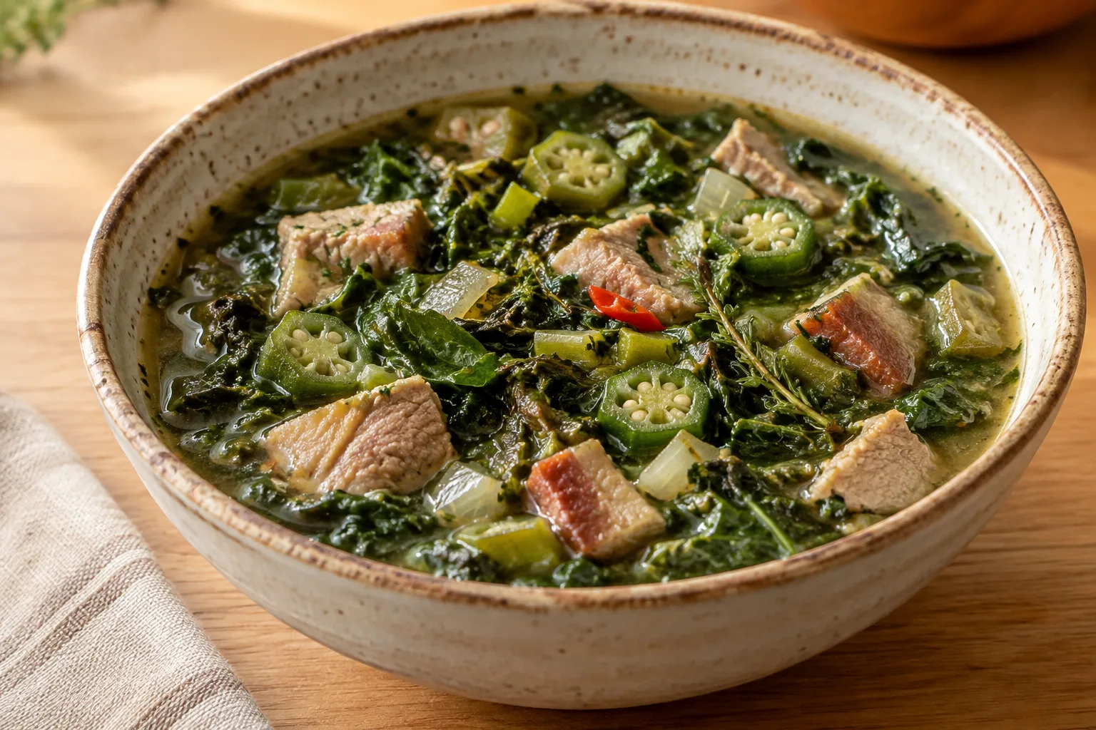 Sopa de callaloo con cerdo y okra