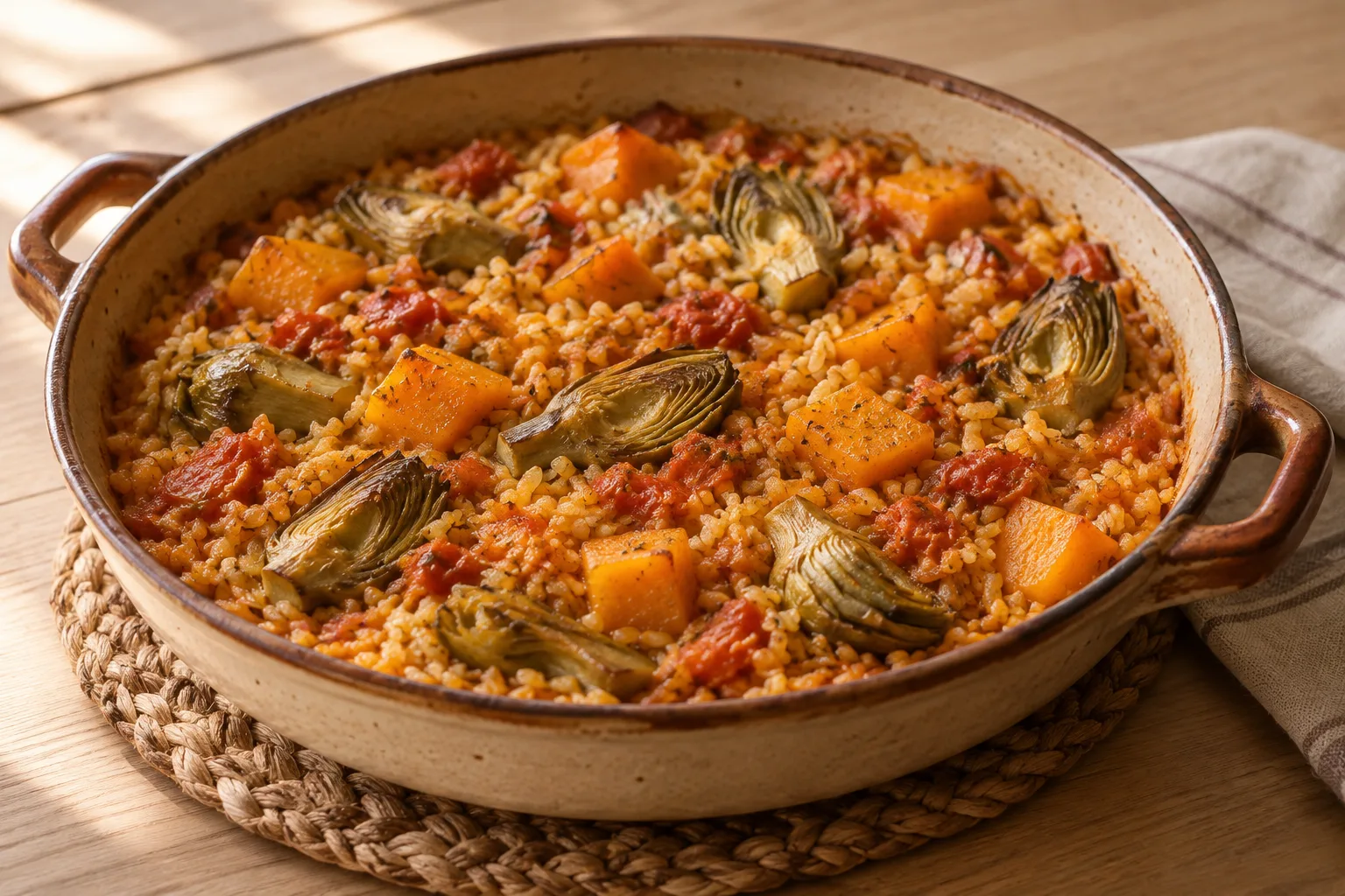 Arroz seco de abóbora com alcachofras