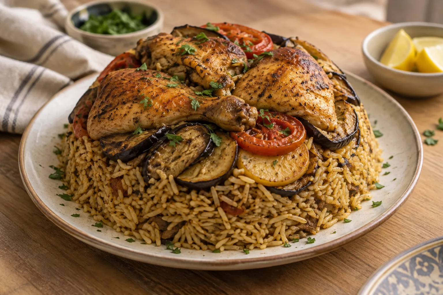 Maqluba palestina de pollo, berenjena y arroz