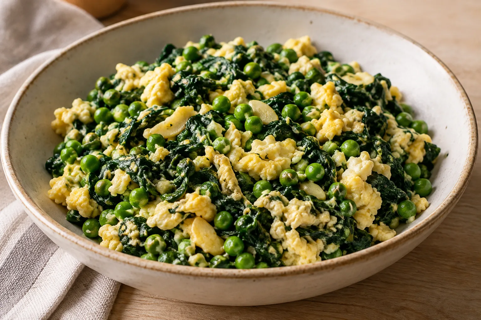 Scrambled Eggs with Peas and Spinach