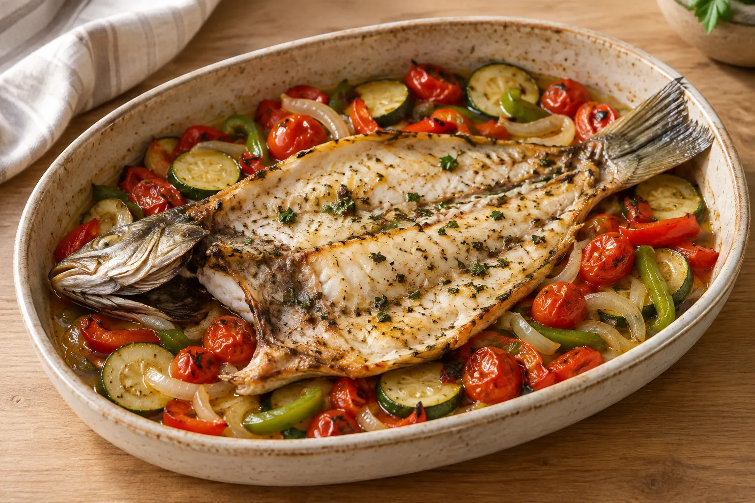Spigola al forno con zucchine