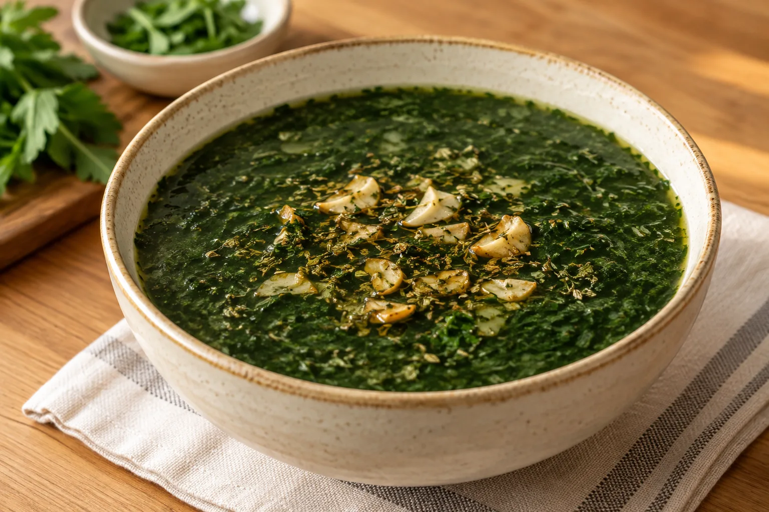 Zuppa egiziana di molokhia con aglio e coriandolo
