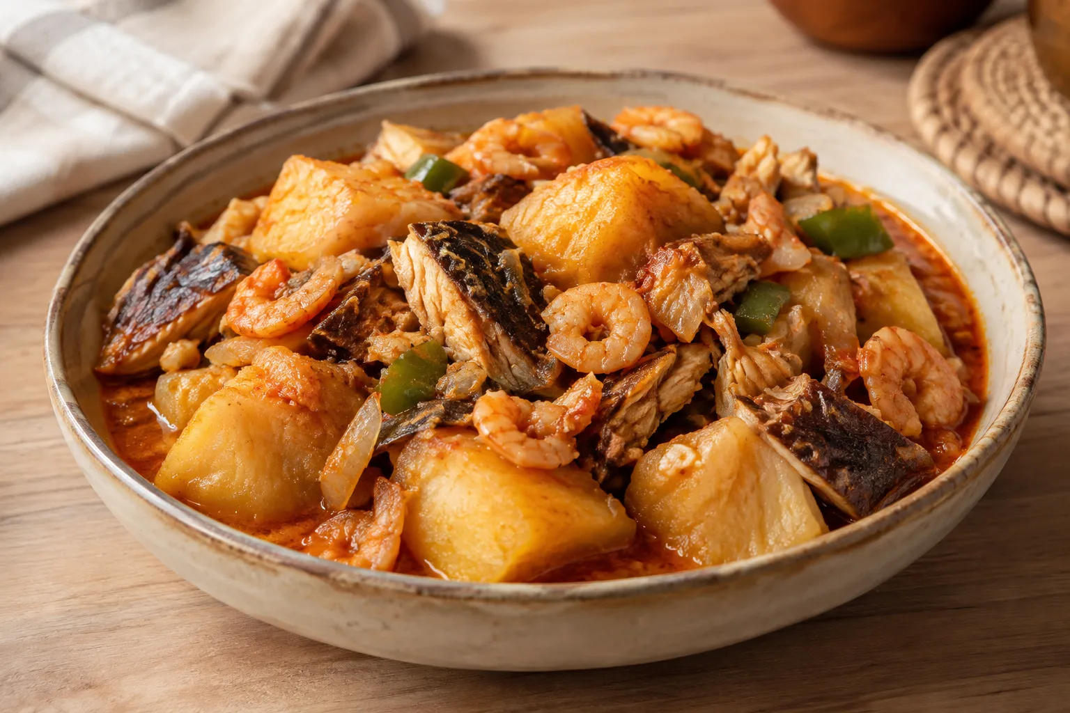 Yebe de ñame y pescado ahumado