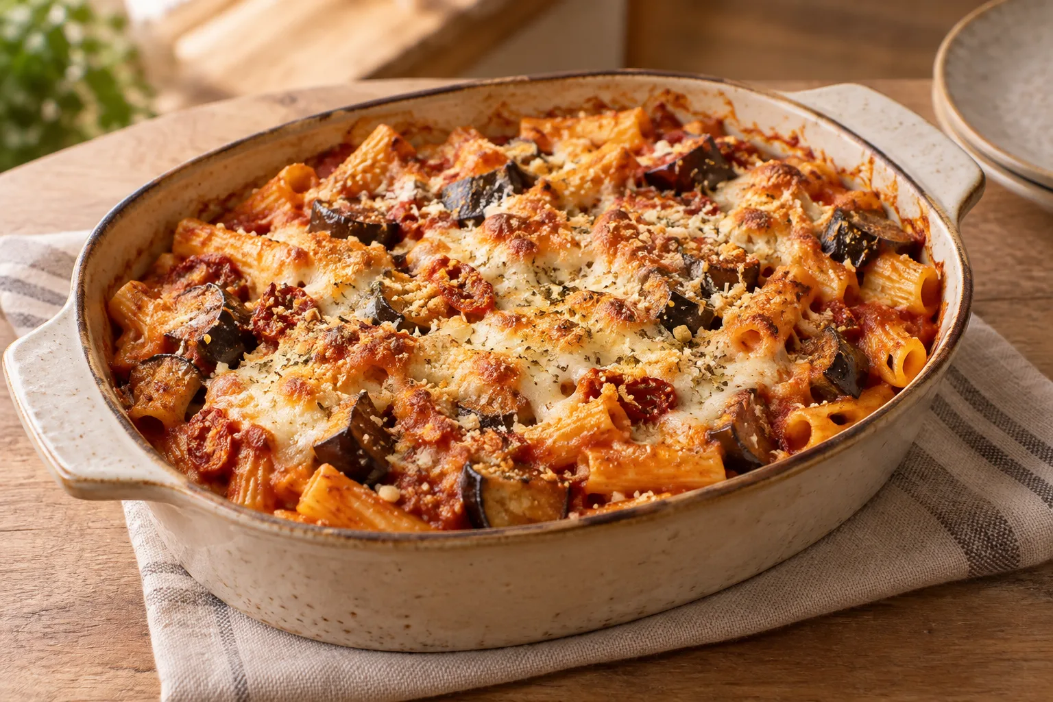 Oven-Baked Pasta with Eggplant and Almonds