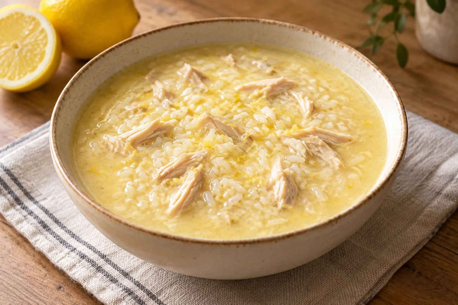 Soupe grecque avgolemono au poulet, riz et citron