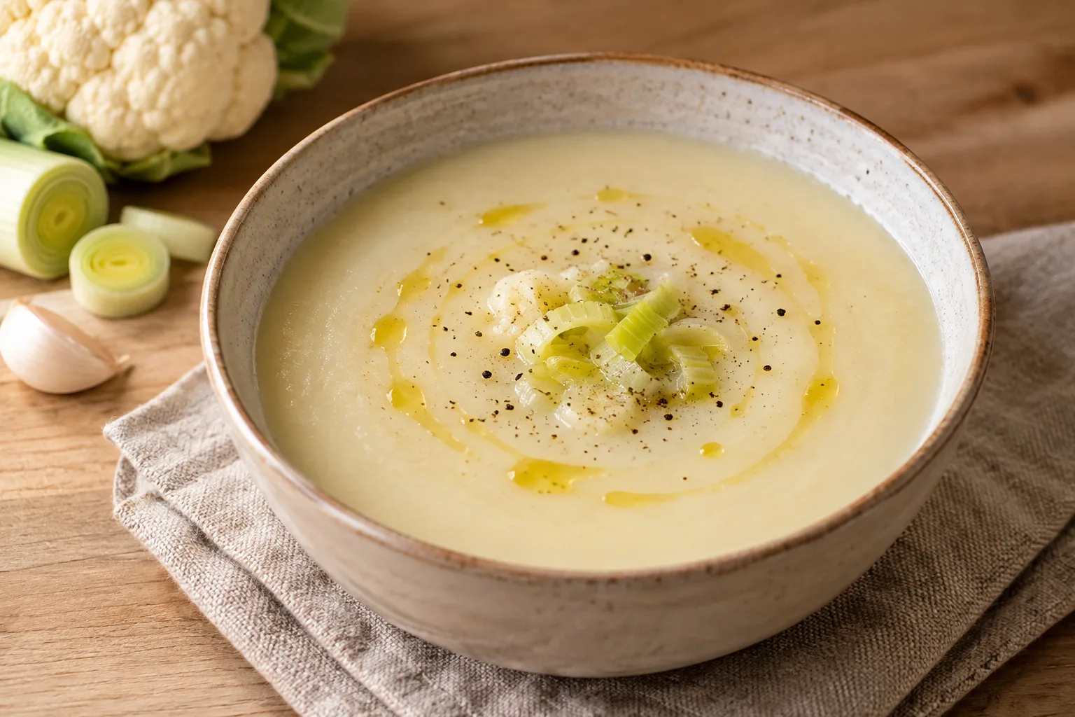 Sopa suave de coliflor con puerro