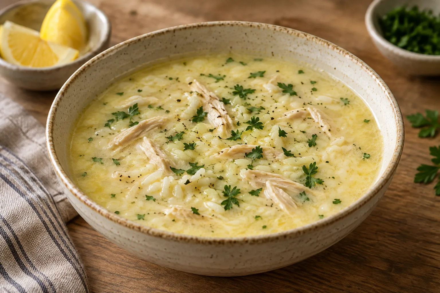 Zuppa greca avgolemono con pollo, riso e limone