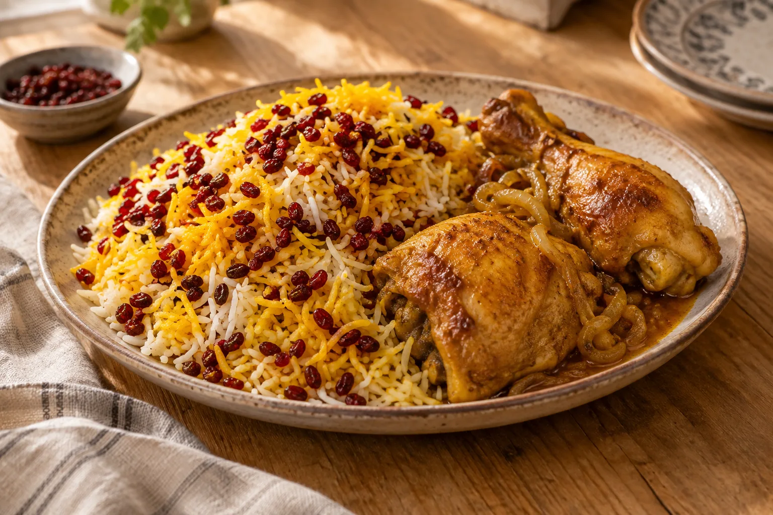 Zereshk polo ba morgh (riso iraniano con crespini e pollo)