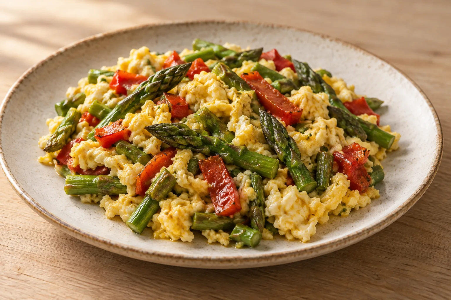Uova strapazzate con asparagi e peperone