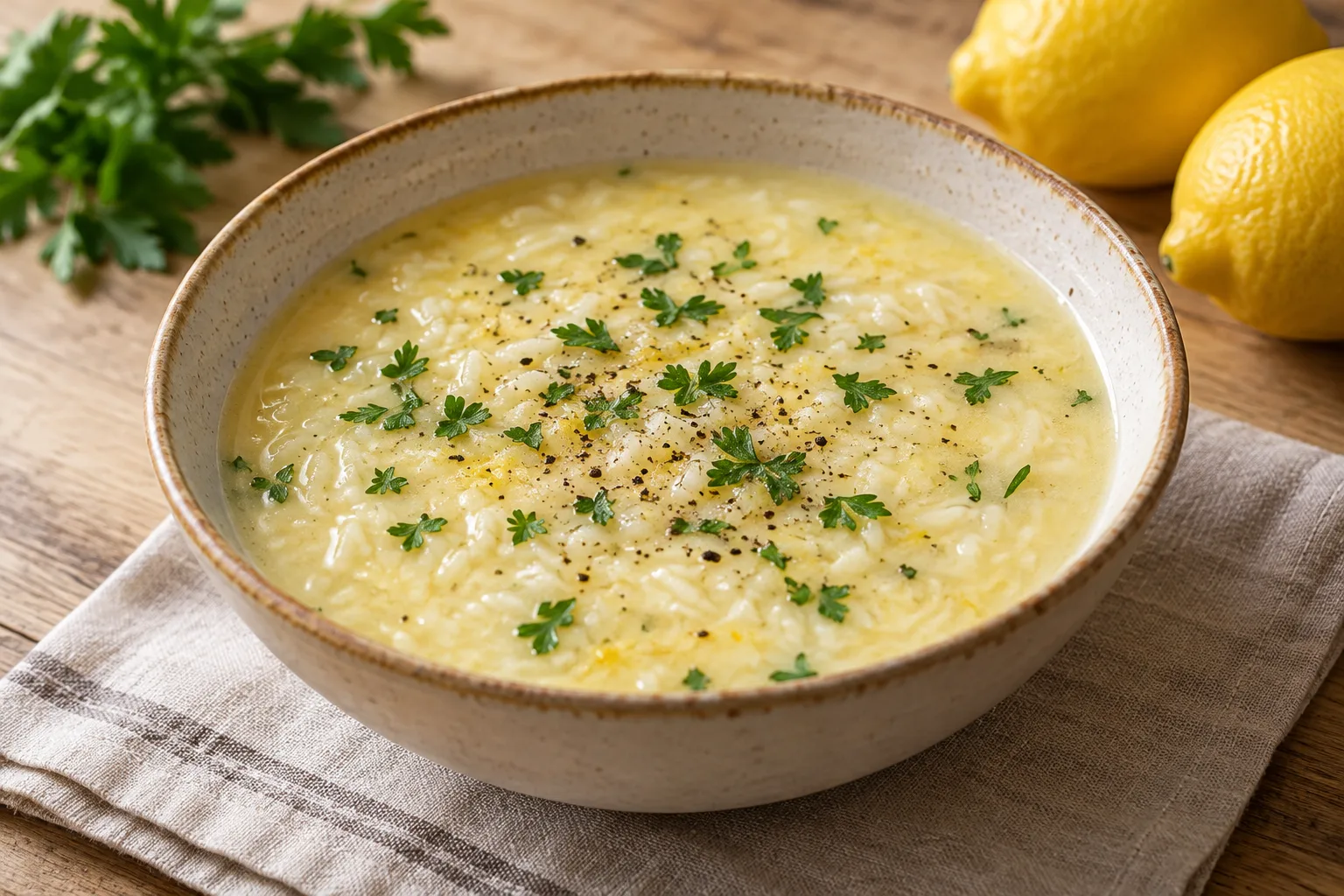 Zuppa greca avgolemono con riso, uovo e limone
