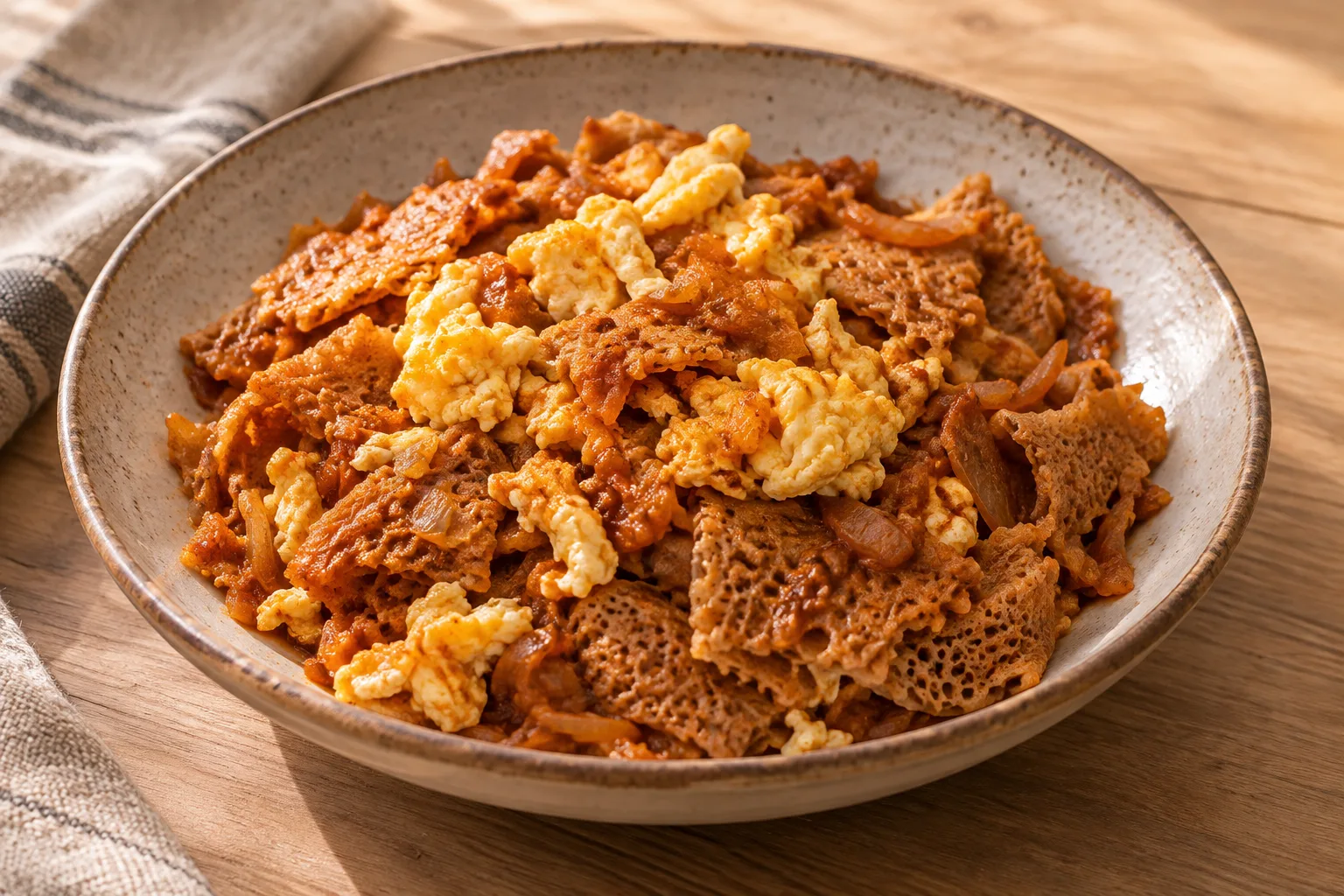 Firfir etíope con injera y huevo