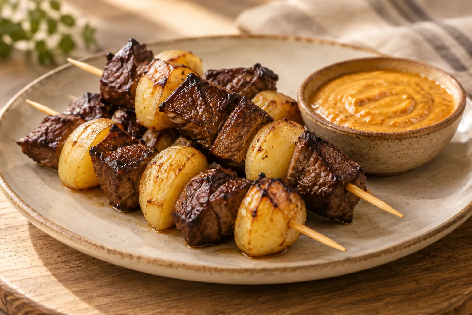 Bolivian Anticuchos with Beef Heart, Potatoes, and Peanut Sauce