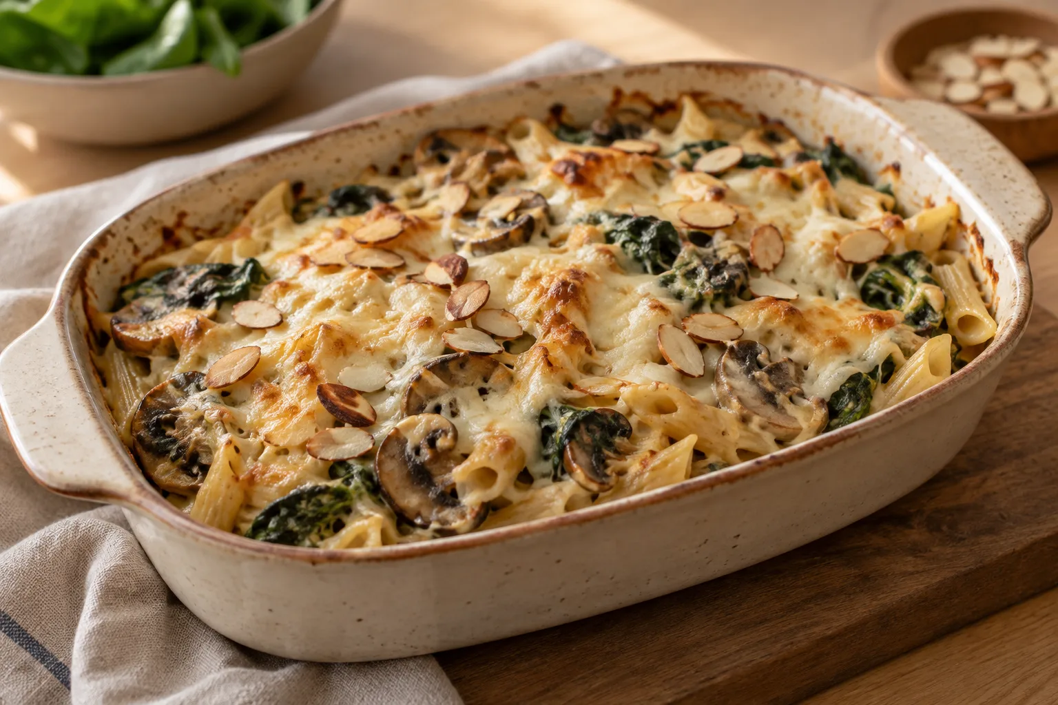 Pasta al forno con spinaci e mandorle