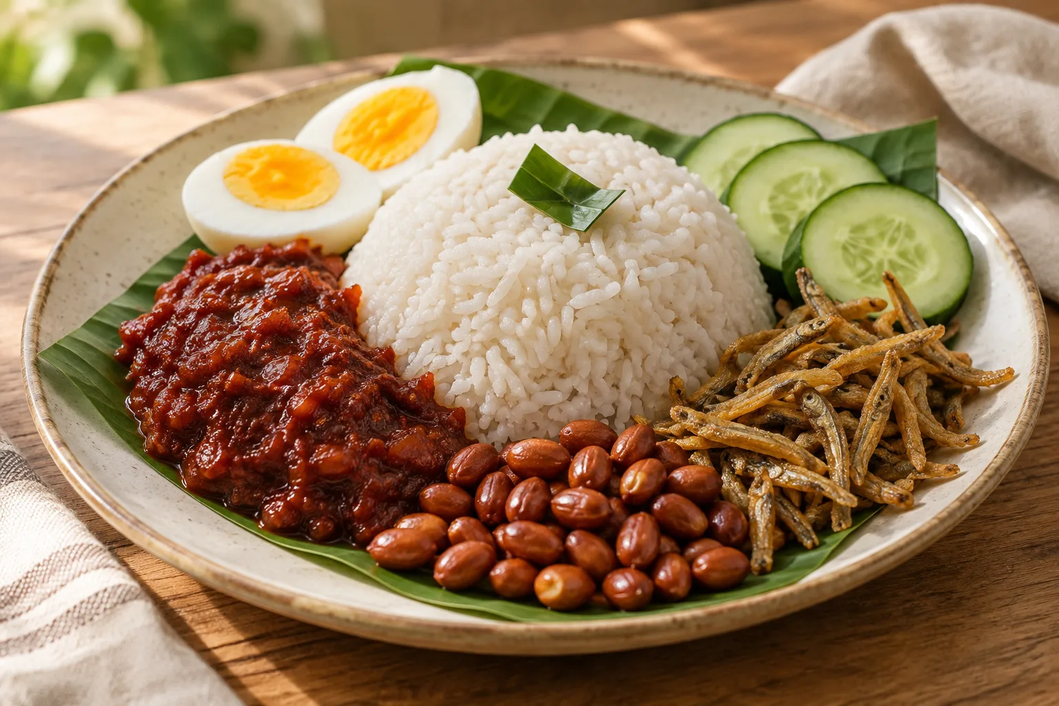 Malaysian nasi lemak with sambal, anchovies, and peanuts